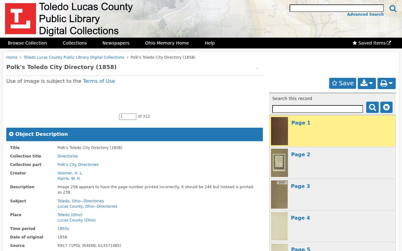 Lucas County city directory image of the digitized 1858 Toledo volume