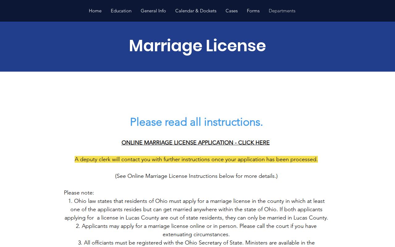 Lucas County previous residents Probate Court marriage records source