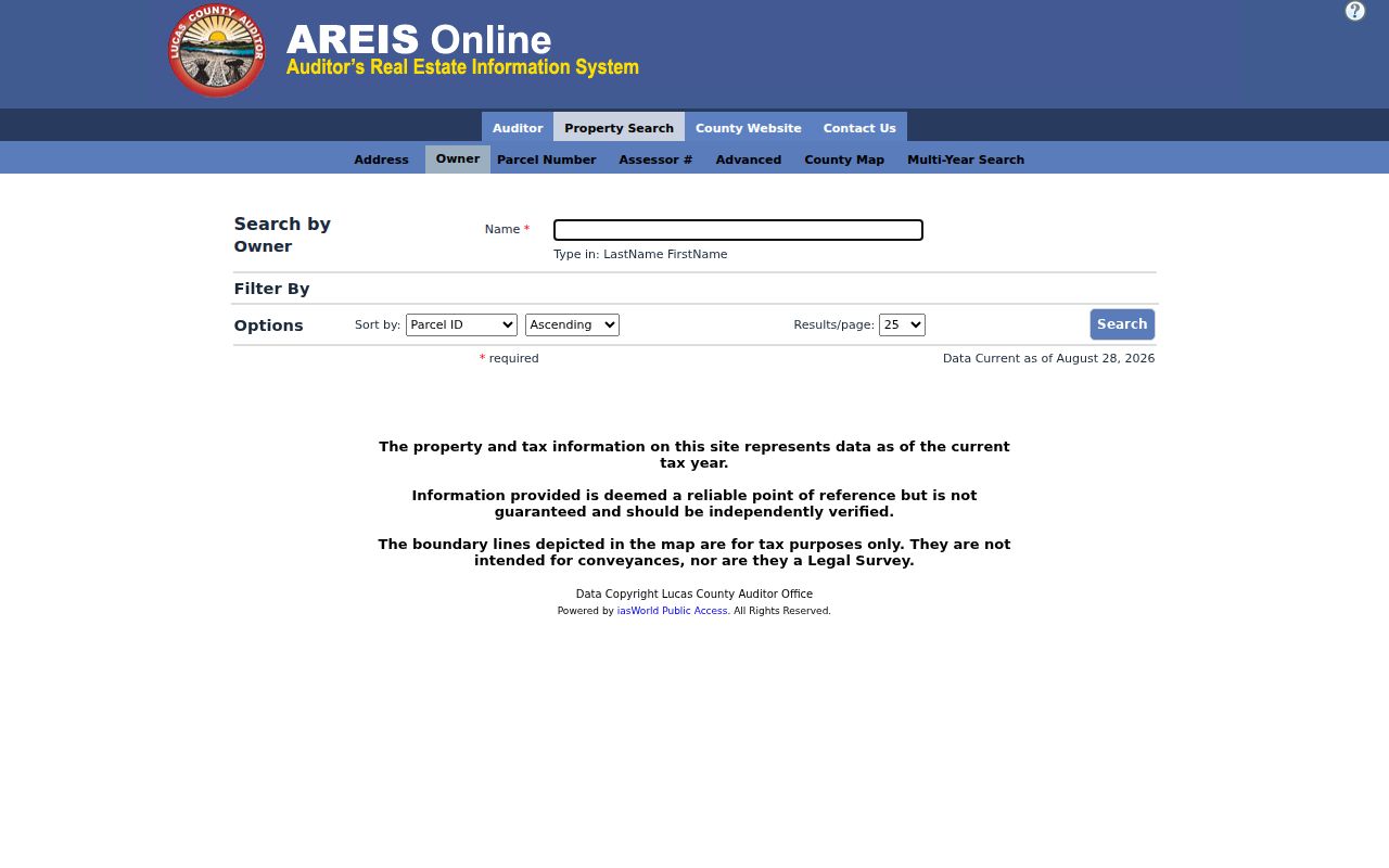 Lucas County street directory AREIS owner search screen