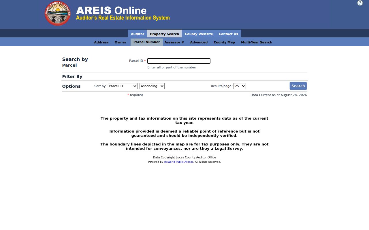 Lucas County street directory AREIS parcel search screen