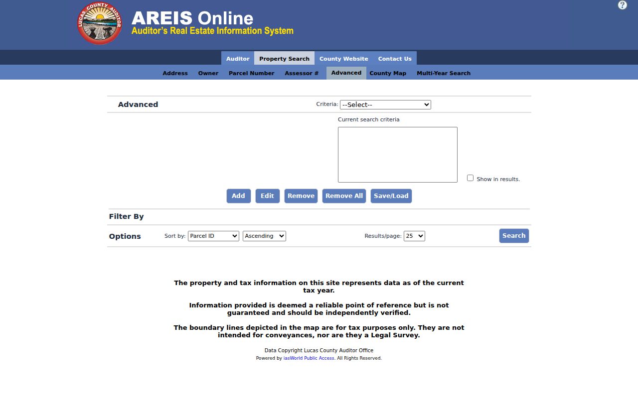 Lucas County street directory AREIS Advanced search screen